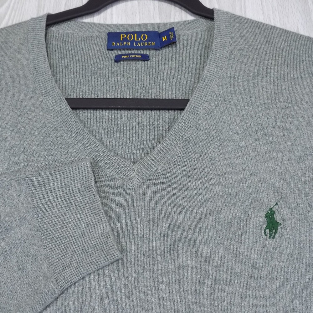 Polo Ralph Lauren Pima Cotton V-Neck Sweater Mens M Gray Embroidered Logo